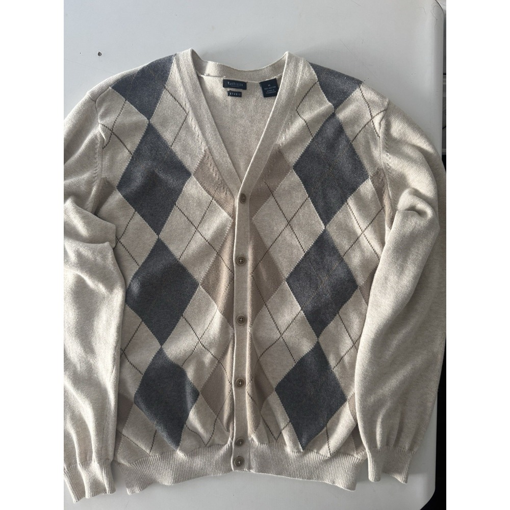 Vintage Style Van Heiden Argyle Cardigan Sweater M Diamond Pattern 100% Cotton